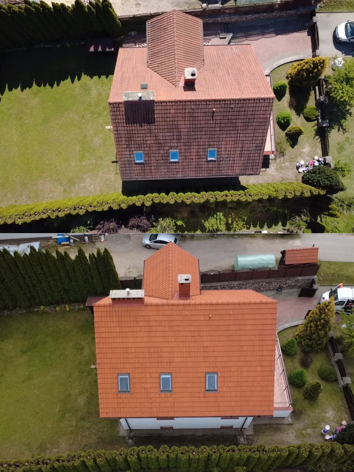 Na fotografii widać dwa dachy budynku, jeden jest ciemno czerwony i widać wyraźnie dużo zabrudzeń. dolne zdjęcie pokazuje ten sam dach po czyszczeniu, jaskrawo czerwony czysty dach jak nowy.